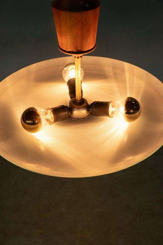 Image 1 of Vintage plafondlamp glas en teak, midmod glass ceiling lamp