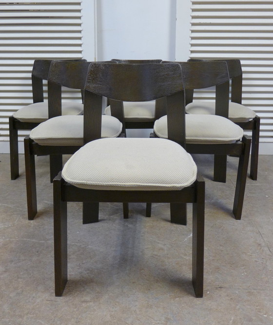 Image 1 of 6x Eiken Brutalistische Stoelen Met Uitschuifbare Eettafel