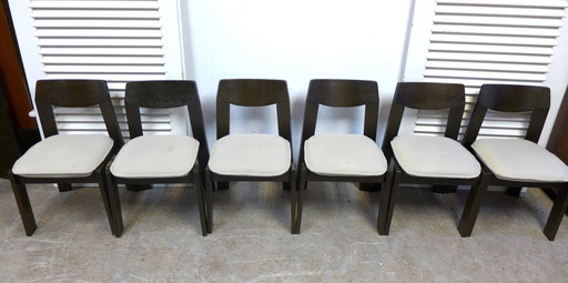 6x Eiken Brutalistische Stoelen Met Uitschuifbare Eettafel