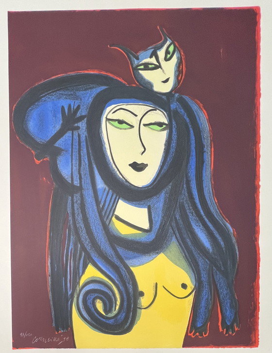 Image 1 of Gesigneerd; Guillaume Corneille Lithografie Femme Au Chat 1998