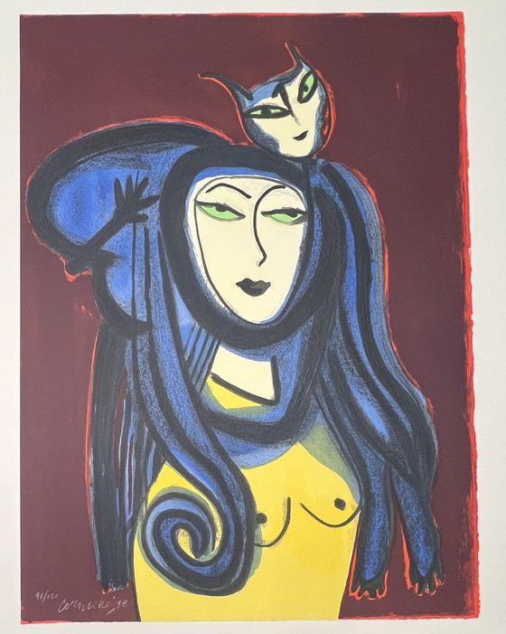 Image 1 of Gesigneerd; Guillaume Corneille Lithografie Femme Au Chat 1998