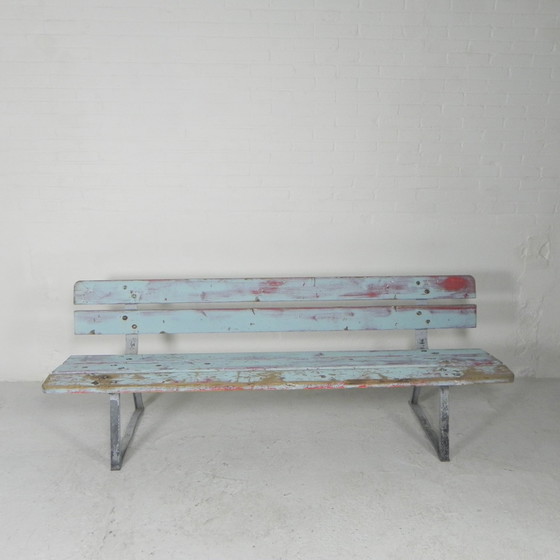 Image 1 of Stoere, industriele bank, 2 meter lang, jaren 60