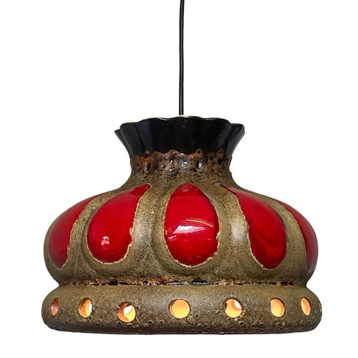 Fat Lava - UFO-vormige Keramische Hangende Pedant - Midcentury - Duitsland - BOHO - Rood en Beige