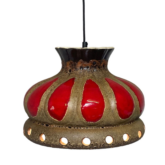 Image 1 of Fat Lava - UFO-vormige Keramische Hangende Pedant - Midcentury - Duitsland - BOHO - Rood en Beige