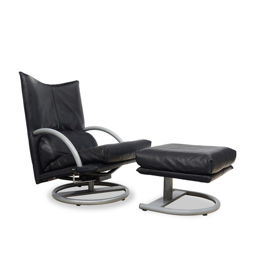 Rolf Benz Bmp 418 Torino Fauteuil en Kruk Leer Donkerblauw