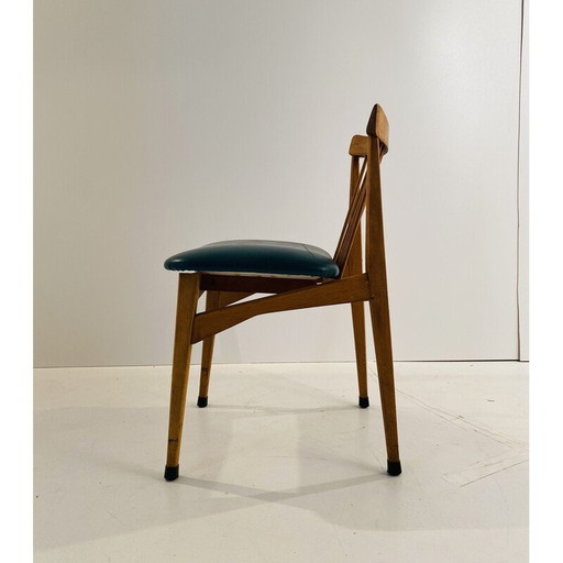 Set van 4 vintage stoelen in beukenhout en imitatiegroen leer, Italië 1960