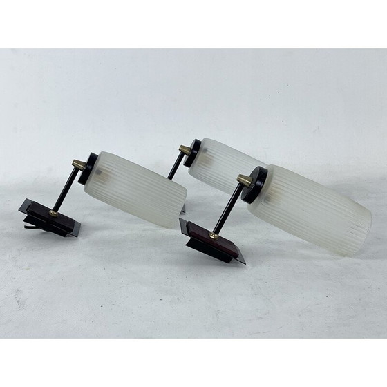 Image 1 of Set van 3 vintage wandlampen in glas, messing, lak en hout, Italië 1950