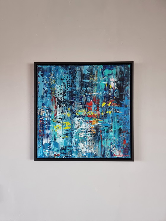 Image 1 of Frances Eckhardt - Abstract modern blauw schilderij 50x50 + lijst  2/2