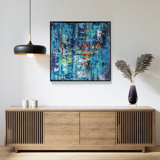 Image 1 of Frances Eckhardt - Abstract modern blauw schilderij 50x50 + lijst  2/2