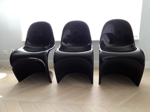 3X Zwarte Hoogglans Originele Verner Panton (Vitra) Eetkamerstoelen