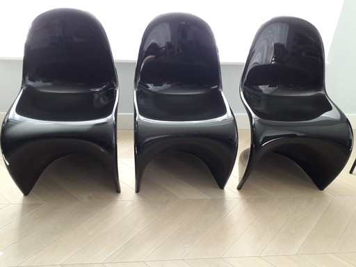 3X Zwarte Hoogglans Originele Verner Panton (Vitra) Eetkamerstoelen