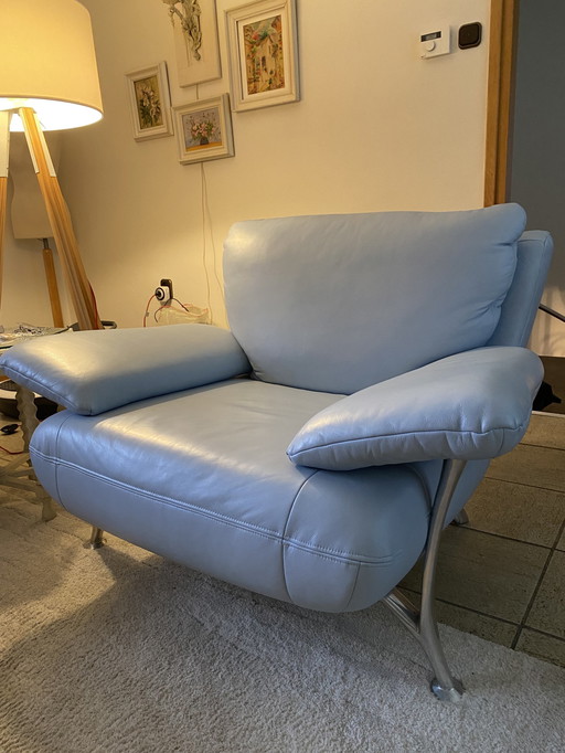 Rolf Benz Fauteuil & Bank Lichtblauw Leer Aluminium  Poot