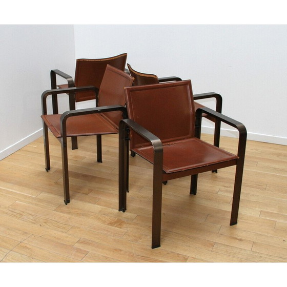 Image 1 of Set van 4 vintage fauteuils in metaal en bruin leer van Golfo Dei Poeti voor Matteo Grassi, 1980