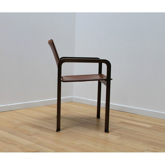 Image 1 of Set van 4 vintage fauteuils in metaal en bruin leer van Golfo Dei Poeti voor Matteo Grassi, 1980