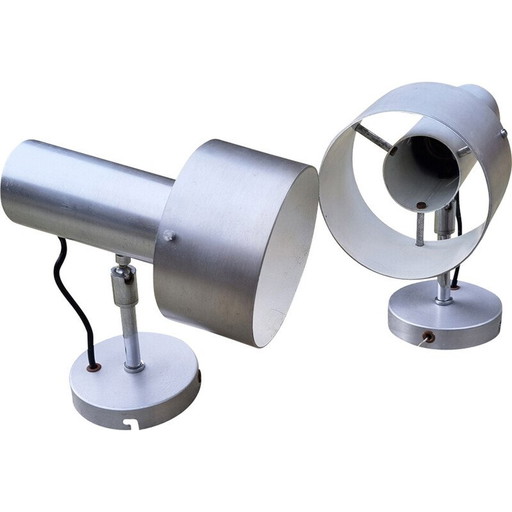Paar vintage wandlampen in geborsteld aluminium van Alain Richard voor Disderot, 1960