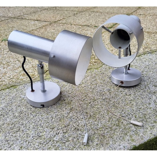 Paar vintage wandlampen in geborsteld aluminium van Alain Richard voor Disderot, 1960