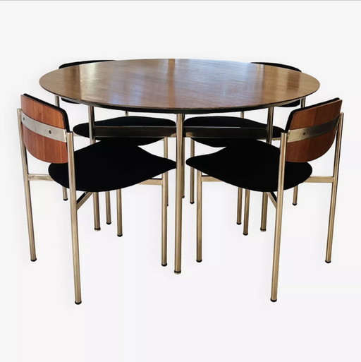 Houten en metalen eettafel en stoelen, Italië 60s