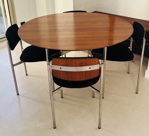 Houten en metalen eettafel en stoelen, Italië 60s