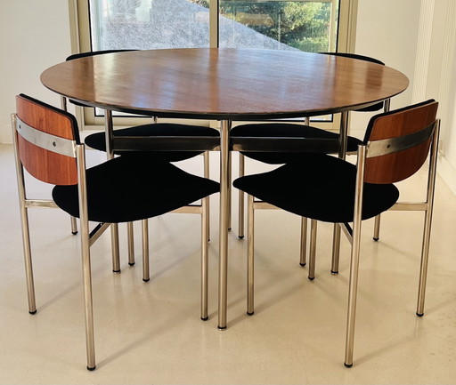 Houten en metalen eettafel en stoelen, Italië 60s