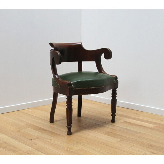 Image 1 of Vintage fauteuil in donker hout en groen getint leer