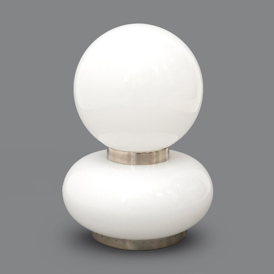 Image 1 of Vintage tafellamp in vernikkeld messing en wit glas, Italië 1970