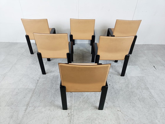 Image 1 of 6x Vintage leren en lak eetkamerstoelen