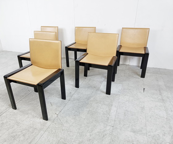 Image 1 of 6x Vintage leren en lak eetkamerstoelen