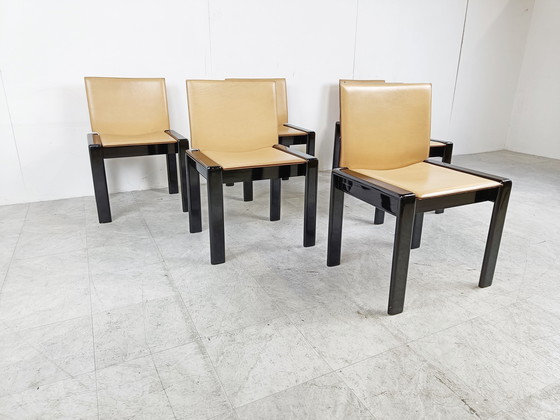 Image 1 of 6x Vintage leren en lak eetkamerstoelen