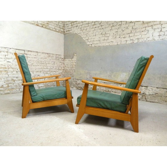 Image 1 of Paar vintage groen leren systeemfauteuils, 1940-1950