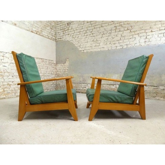 Image 1 of Paar vintage groen leren systeemfauteuils, 1940-1950