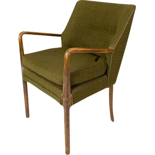 Vintage fauteuil in berkenhout en donkergroene stof, Denemarken 1950