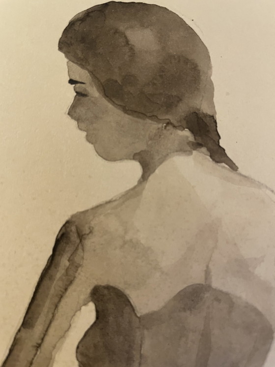 Image 1 of Sepia aquarel portret van een vrouw "Jeu D'ombres