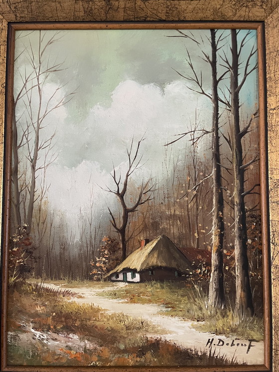 Image 1 of Schilderij Van Boerderij Met Mooie Houten Lijst H. Debeuf