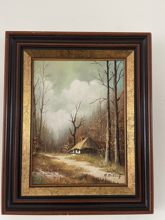 Image 1 of Schilderij Van Boerderij Met Mooie Houten Lijst H. Debeuf