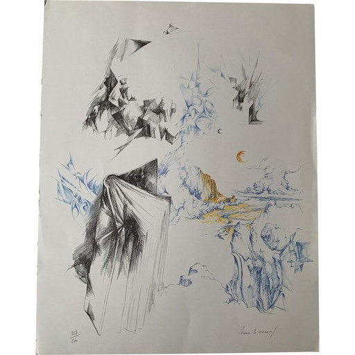 Vintage litho buitengewone reis tussen de pagina's van een boek door Henri Le Viennois, 1969