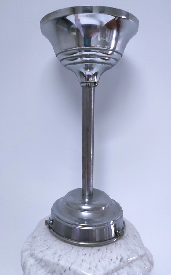 Image 1 of Art Deco gespikkeld glas en metalen hanglamp