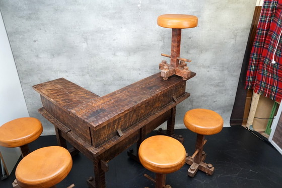 Image 1 of Brutalistische Vintage hoekbar met krukken, 1950, set van 6