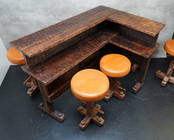 Image 1 of Brutalistische Vintage hoekbar met krukken, 1950, set van 6