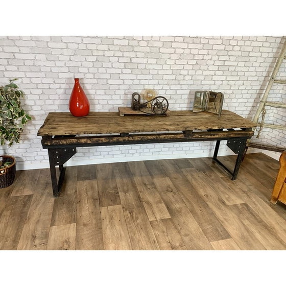 Image 1 of Vintage industriële console van hout en metaal