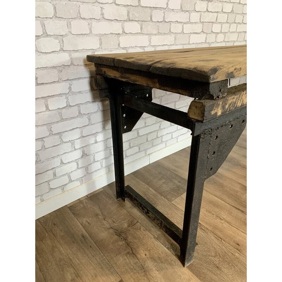 Image 1 of Vintage industriële console van hout en metaal