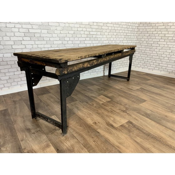 Image 1 of Vintage industriële console van hout en metaal