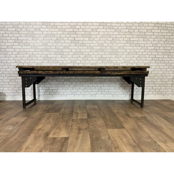 Image 1 of Vintage industriële console van hout en metaal