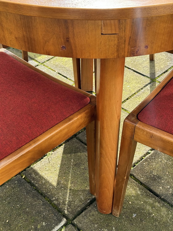 Image 1 of Vintage gemengd houten ronde tafel en 4x stoelen