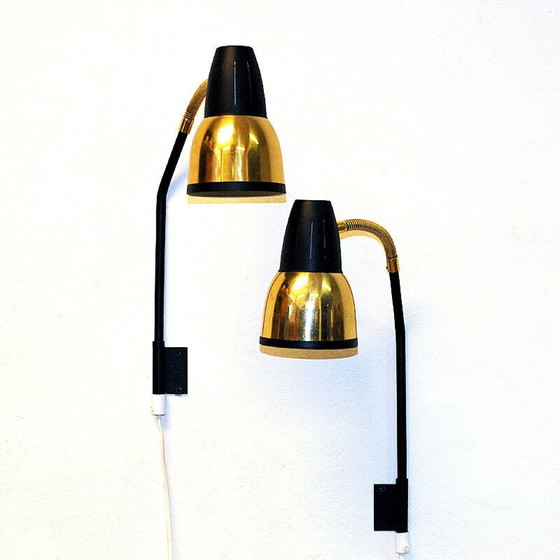 Image 1 of Paar vintage messing en zwart metalen wandlampen voor Ra-Gla Belysning, Noorwegen 1960