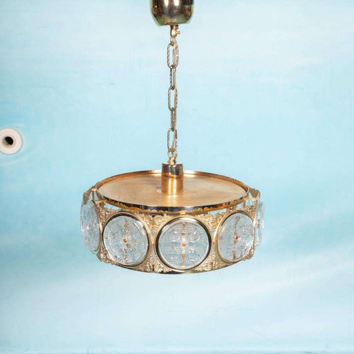 Vintage glazen hanglamp Zweden 60s, brass & glass pendant