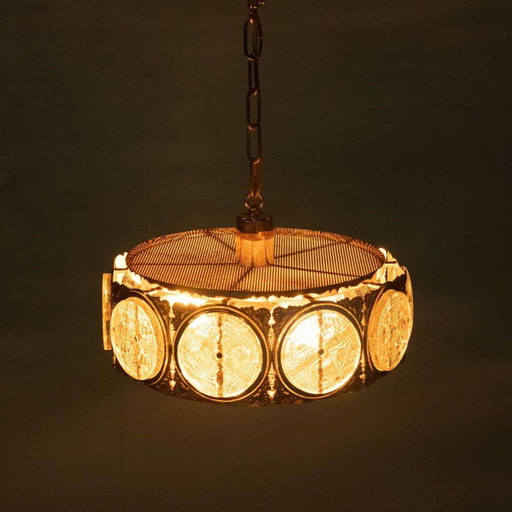 Vintage glazen hanglamp Zweden 60s, brass & glass pendant