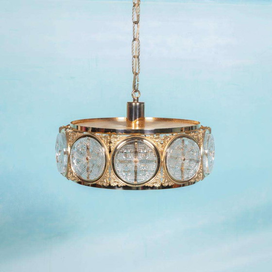 Image 1 of Vintage glazen hanglamp Zweden 60s, brass & glass pendant