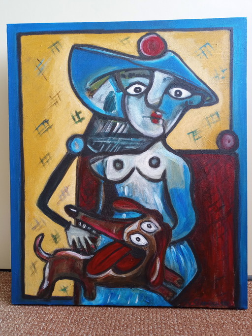 Tineke van Steenbergen -  Picasso met hond schilderij