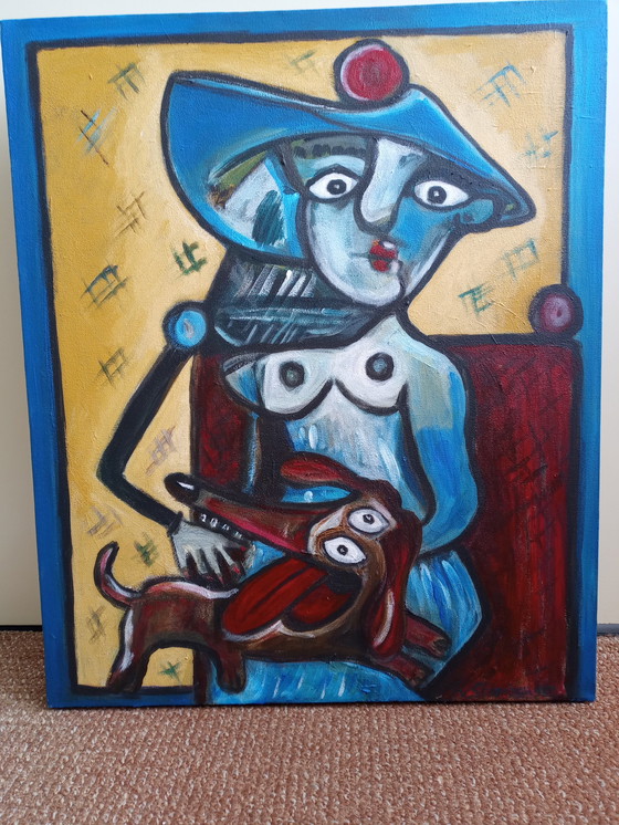 Image 1 of Tineke van Steenbergen -  Picasso met hond schilderij