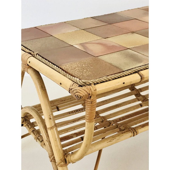 Image 1 of Vintage salontafel in rotan en keramische tegels, Frankrijk 1960